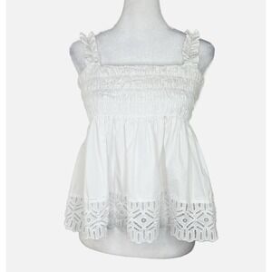 TORY BURCH White Smocked Lace Eyelet Ruffle Boho Coastal‎ Cowgirl Baby Doll Sz 8